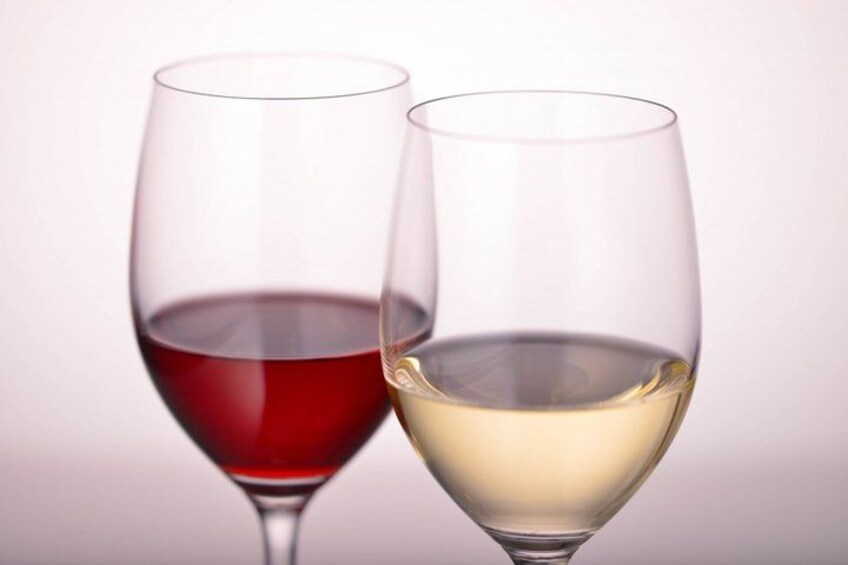 Two wine glasses, one with red wine and the other with white wine. 5