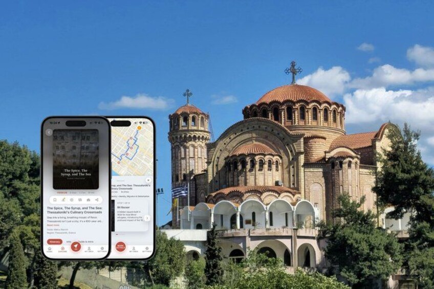 A historic church with a dome and bell towers, a smartphone displaying a map and information about the location. 1