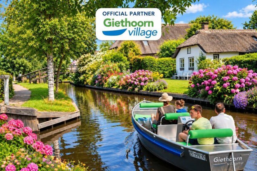 A canal with a boat, surrounded by greenery and traditional houses. 1