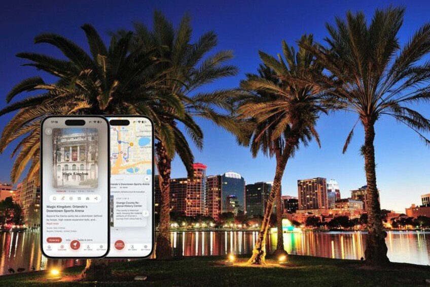 A smartphone displaying a map with a city skyline in the background. 1