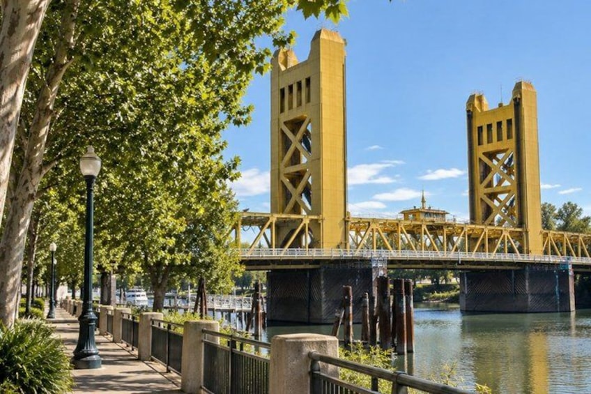 A bridge with two towers, a river, and a sidewalk with trees and street lamps. 3