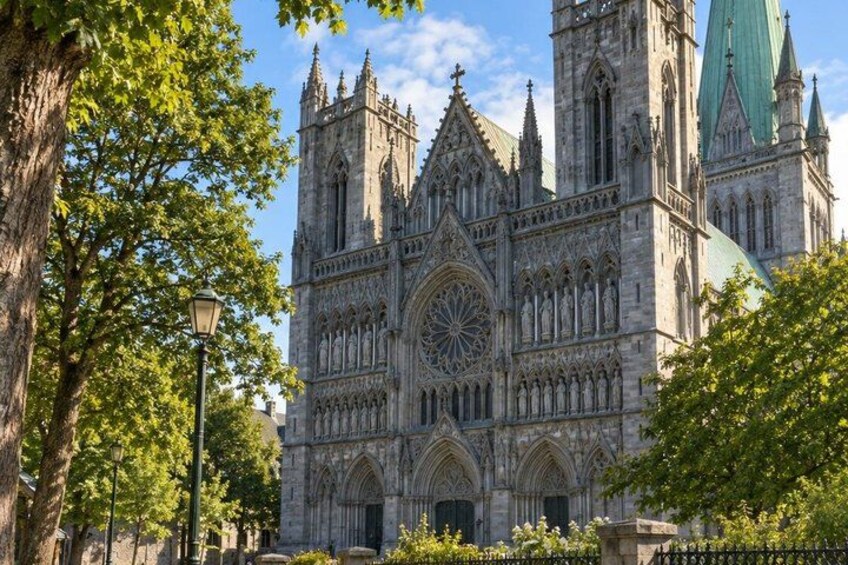A Gothic cathedral with intricate architecture, a large rose window, and a green spire. 2
