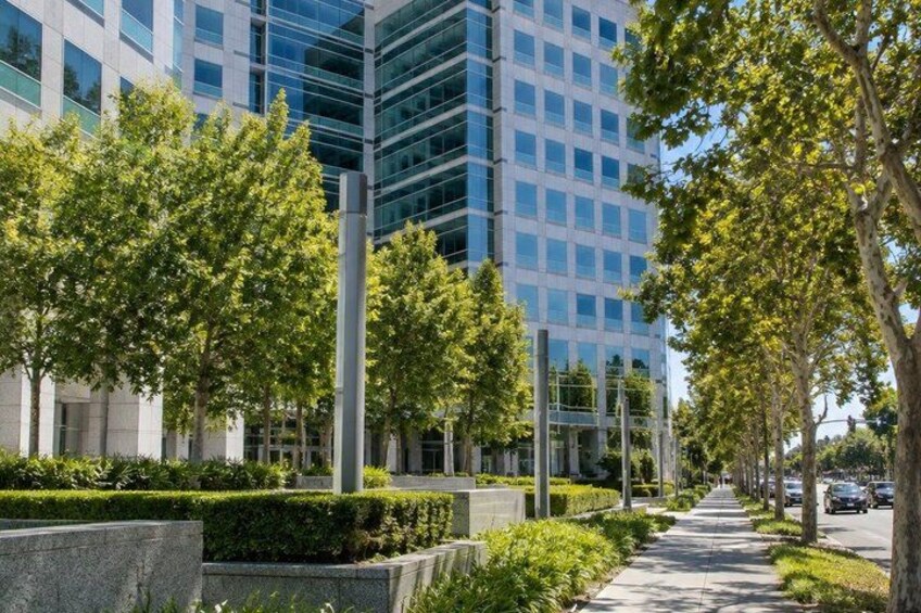 A modern urban street lined with trees and a tall glass building. 2