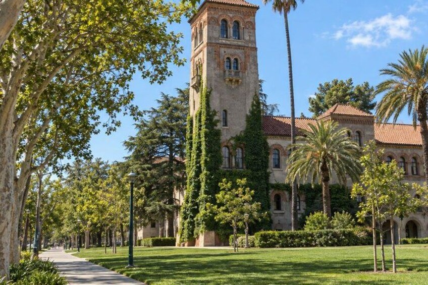 A historic building with a tower, surrounded by a well-maintained lawn and palm trees. 5