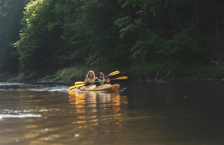 Two people kayaking on a calm river surrounded by dense forest. 1