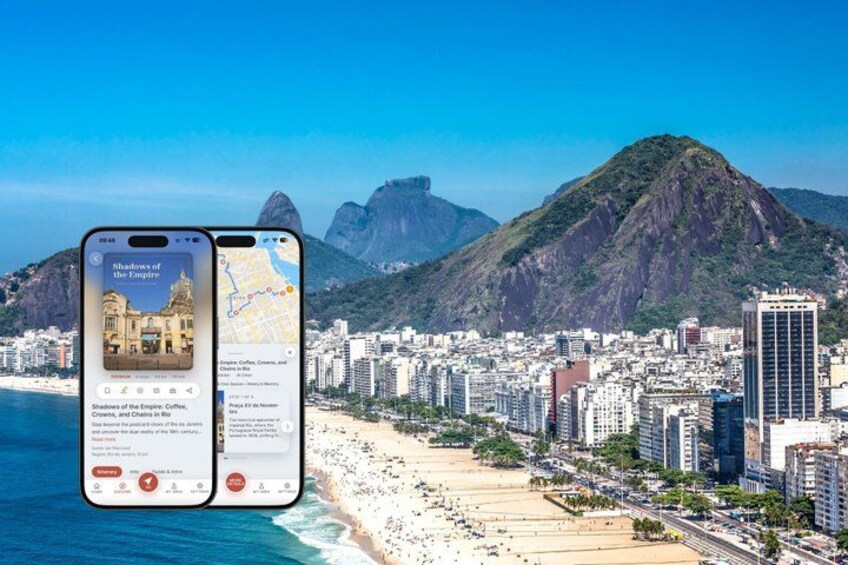 A smartphone displaying a map and a photo of a coastal city with a prominent mountain and beach. 1