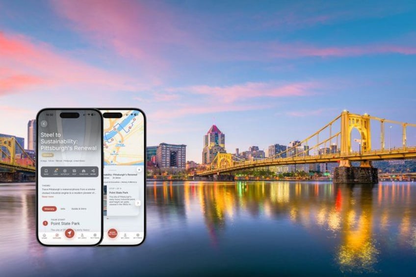 A smartphone displaying a map with a bridge and city skyline in the background. 1