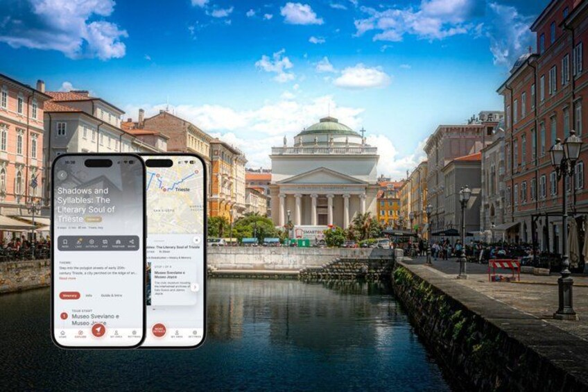 A smartphone displaying a museum app with a view of a historic building and a canal. 1
