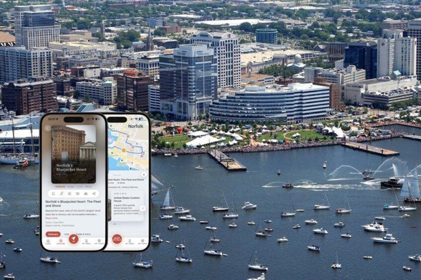 A smartphone displaying a map with a marina and cityscape in the background. 1