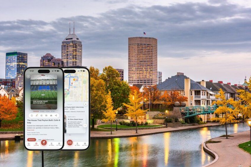 A cityscape with autumn foliage, a river, and modern buildings. 1