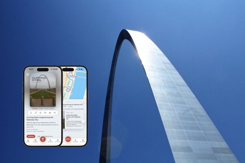 A smartphone displaying a map with a tall, curved structure in the background. 1