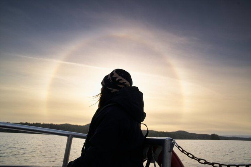 A person sitting by a railing overlooking a body of water with a rainbow in the sky. 2
