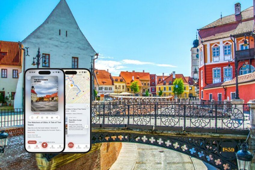 A smartphone displaying a map and a historical building. 1