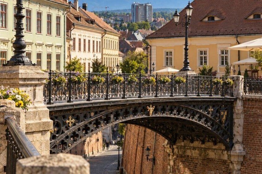 A stone bridge with ornate metal railings, surrounded by historic buildings and a clear sky. 4