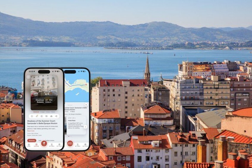 A smartphone displaying a map and a view of a coastal cityscape with buildings and a church spire. 1