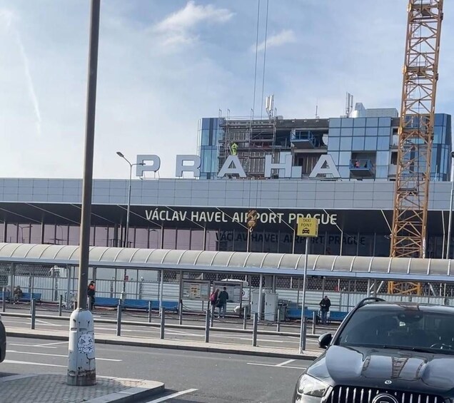 Václav Havel Airport Prague with a modern terminal and a taxi point sign. 3