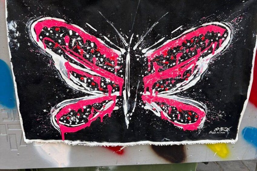 A black canvas with a pink and white butterfly design. 4