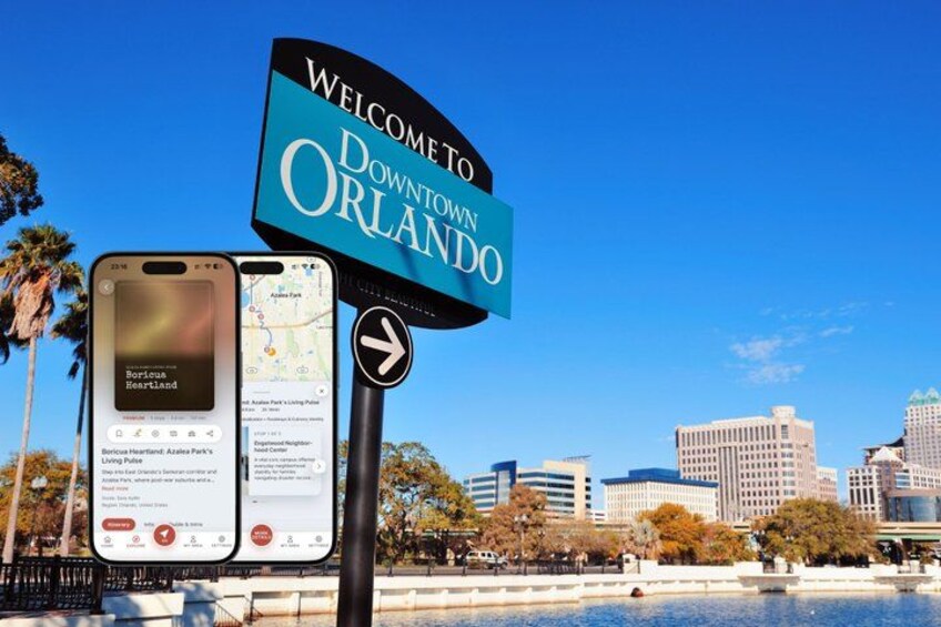 A welcome sign to Downtown Orlando, a smartphone displaying a map, and a city skyline in the background. 1
