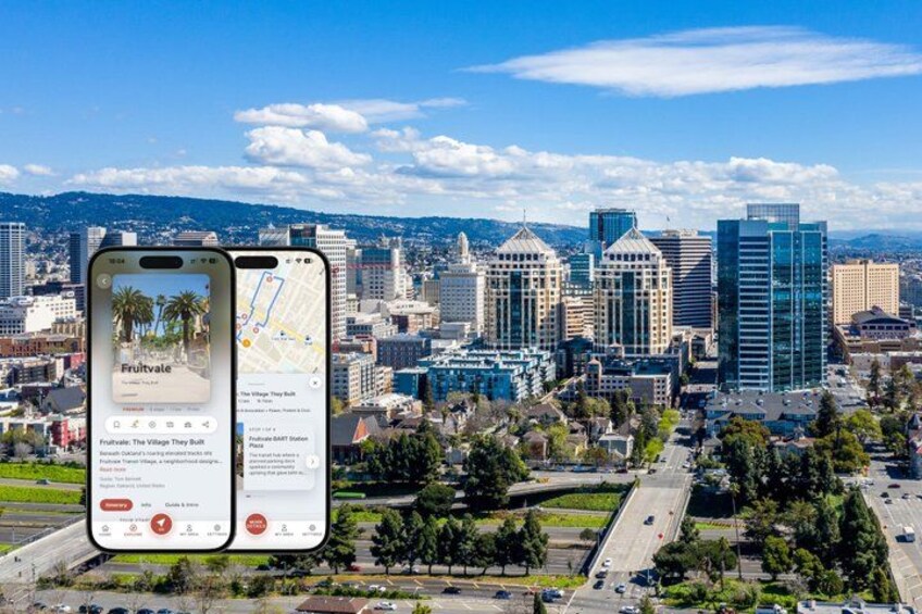 A cityscape with modern buildings and a smartphone displaying a map. 1