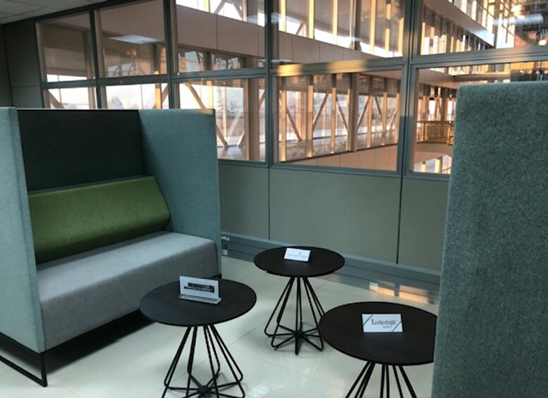 A modern library with a grey sofa, two black tables, and a green cushion. 5