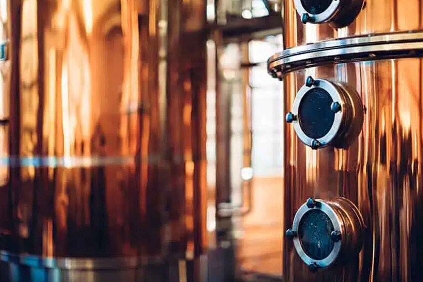 Copper distillation columns in a distillery. 5
