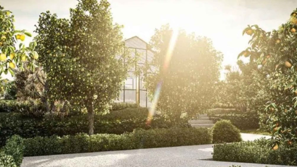 A landscaped garden with a pathway, trees, and a building in the background. 4