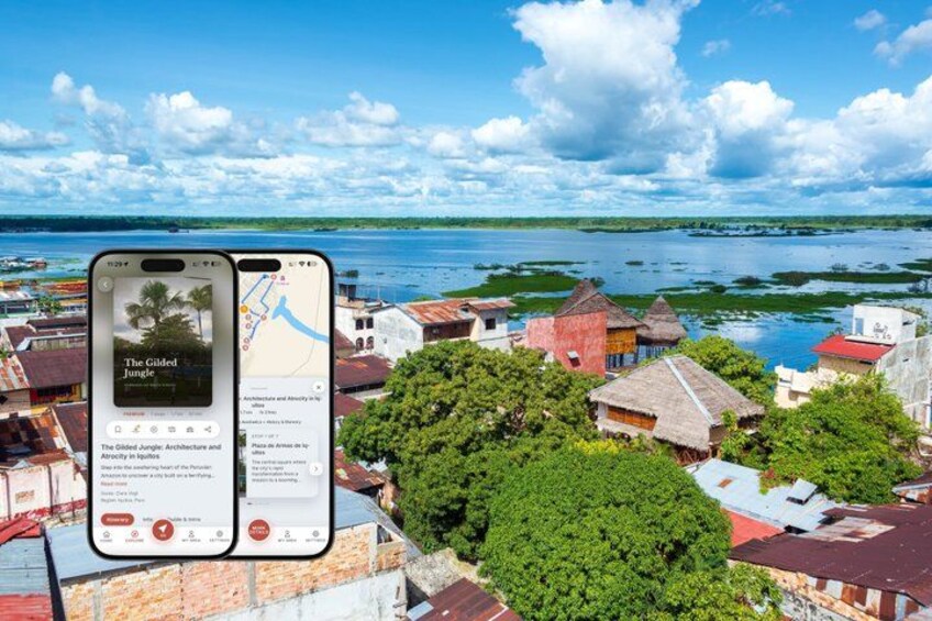 A smartphone displaying a travel app with a map and a scenic view of a coastal town with buildings and greenery. 1