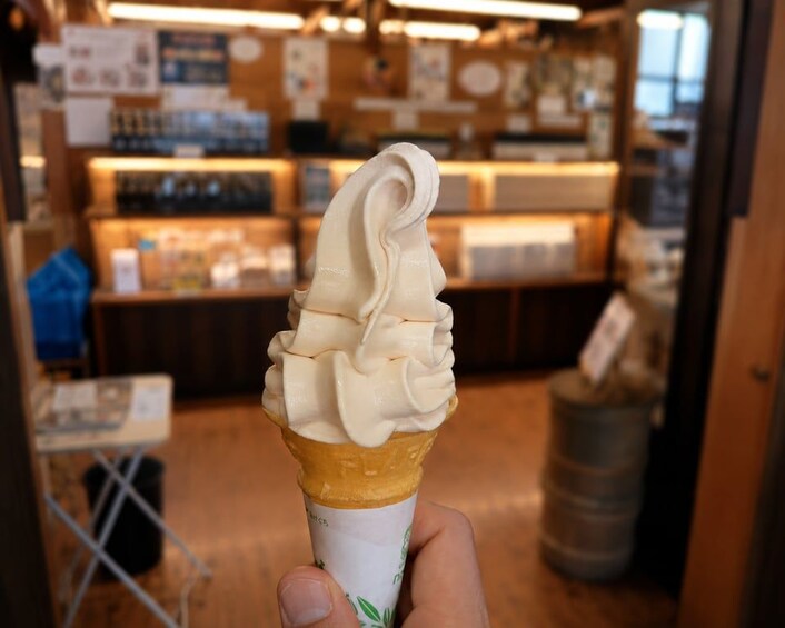 A hand holding a soft-serve ice cream cone in a shop. 1
