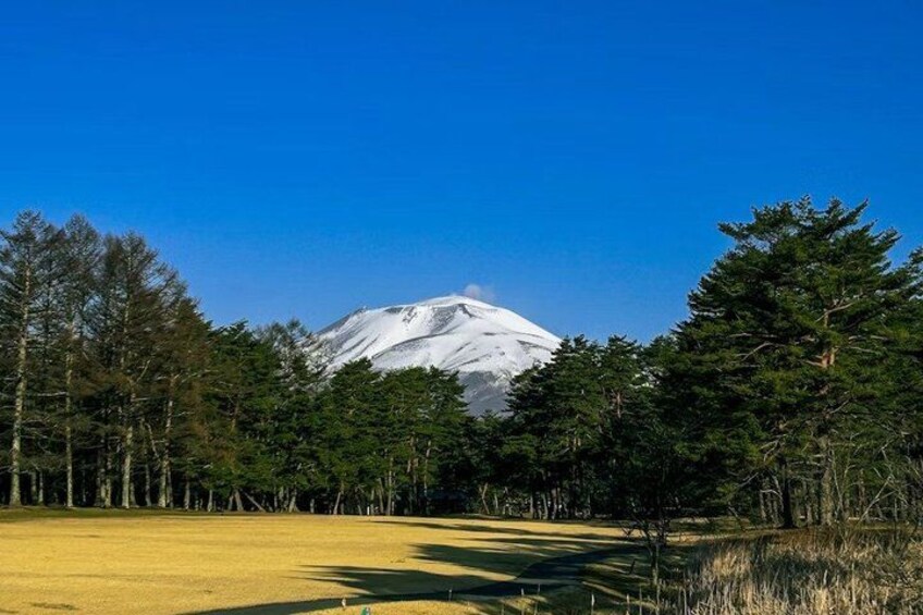 A snow-capped mountain, a clear blue sky, and a forested area with a golf course. 3