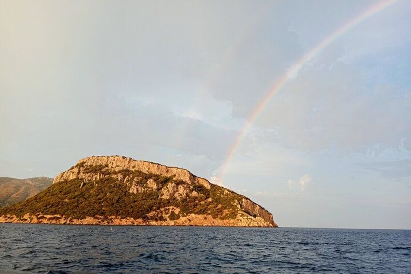 A coastal landscape with a rocky island and a rainbow in the sky. 5