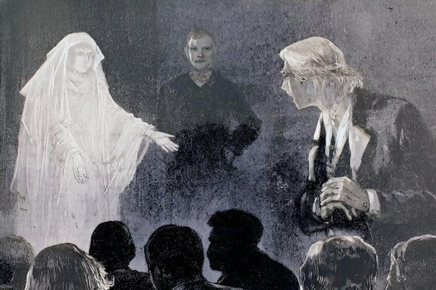 A figure in a white robe, a person in a suit, and a crowd in a dimly lit setting. 2