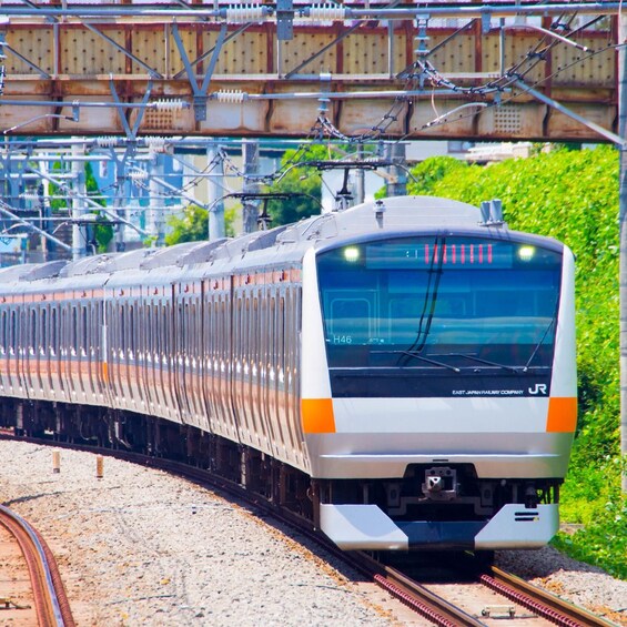 A high-speed train on tracks with overhead electrical lines and a bridge in the background. 5