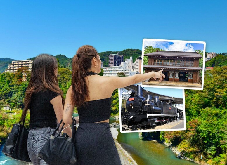 Two women standing by a river with a traditional Japanese building and a train in the background. 1