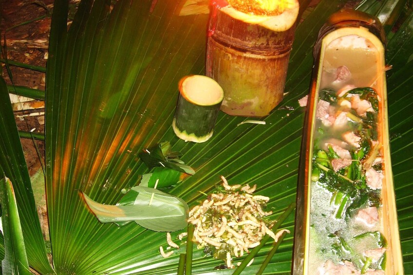 Picnic lunch in bamboo bowls and cups in Nam Ha National Protected Area