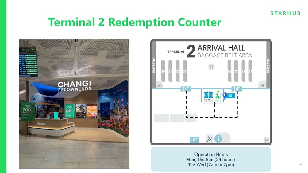 A Terminal 2 Redemption Counter with a Changi Rewards sign and a map of the baggage belt area. 5