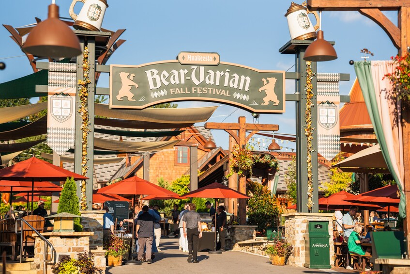 A festival entrance with a bear mascot sign, red umbrellas, and people walking around. 1