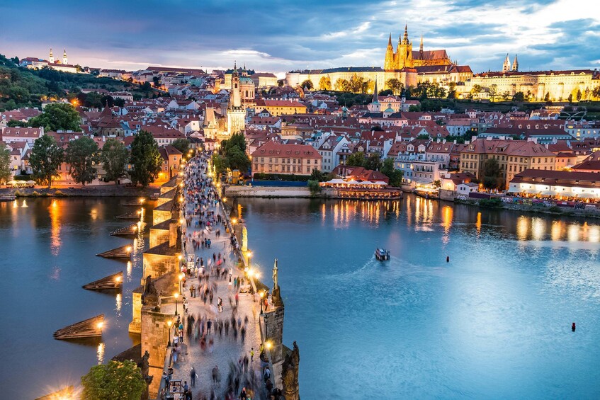 Panoramic view of downtown Prague lit up at night