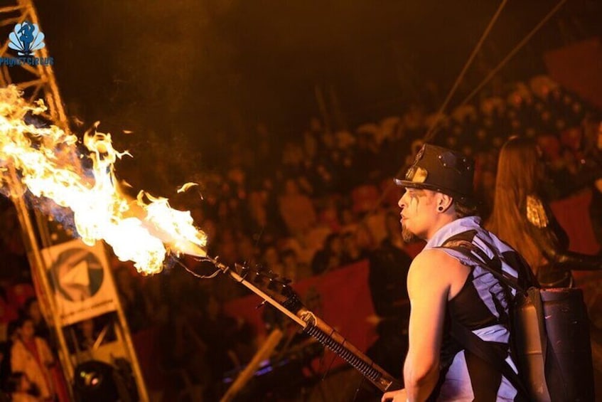 A performer with a flaming prop in a crowded event. 1
