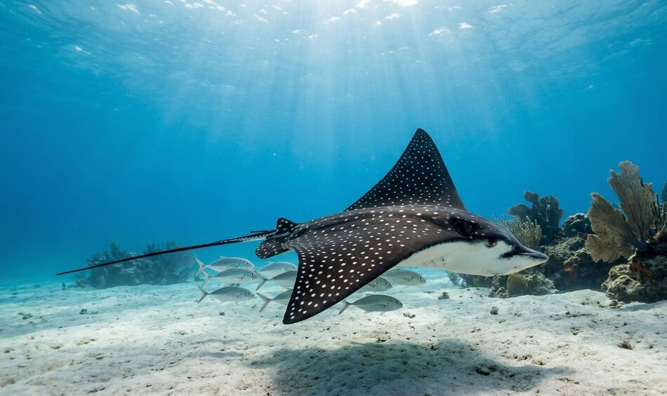 Une raie manta nageant sous l’eau, entourée d’un banc de poissons, avec des récifs coralliens en arrière-plan. 4