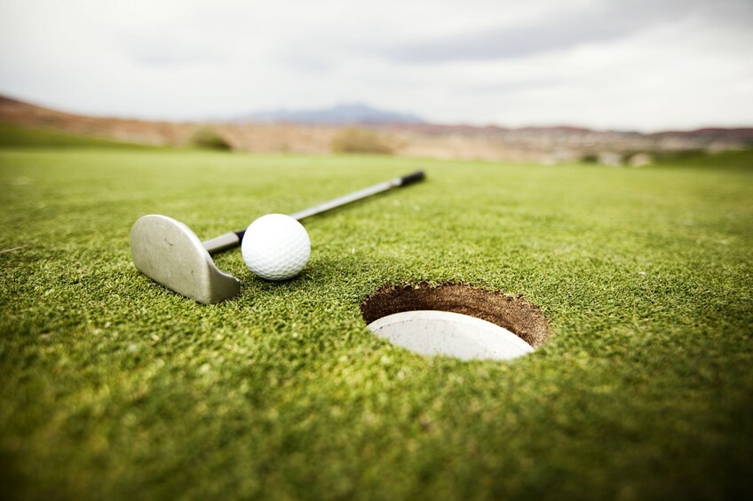 Golf club and ball on the grass