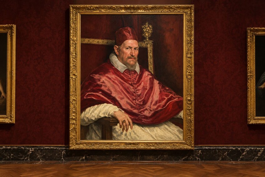 Un portrait d’une personne vêtue d’une robe rouge, assise sur une chaise dont l’encadrement est doré, le tout se détachant sur un mur rouge et un sol en marbre. 3