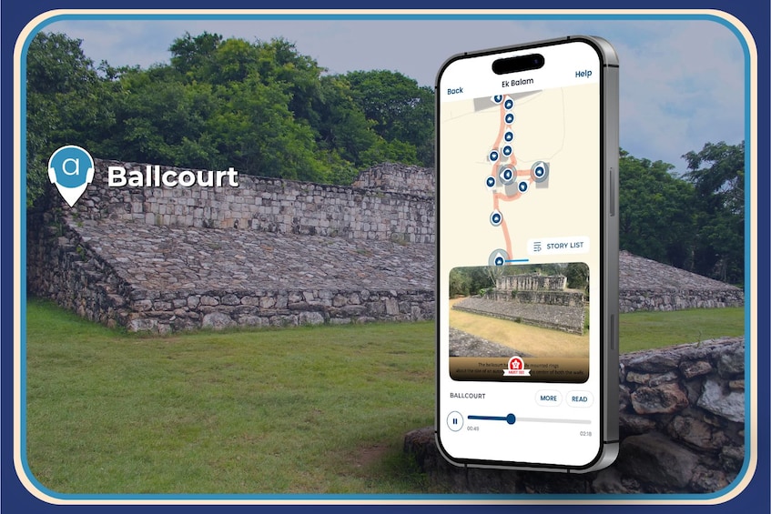 Un teléfono inteligente mostrando un mapa con una ubicación marcada, 'Ballcourt', y una barra de reproducción que indica una duración de video de 2 minutos y 18 segundos. 5