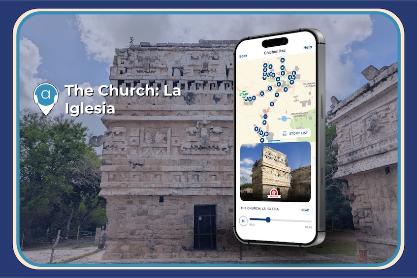 A smartphone displaying a map with a marked location, a historical building, and a 'Must See' sign. 5