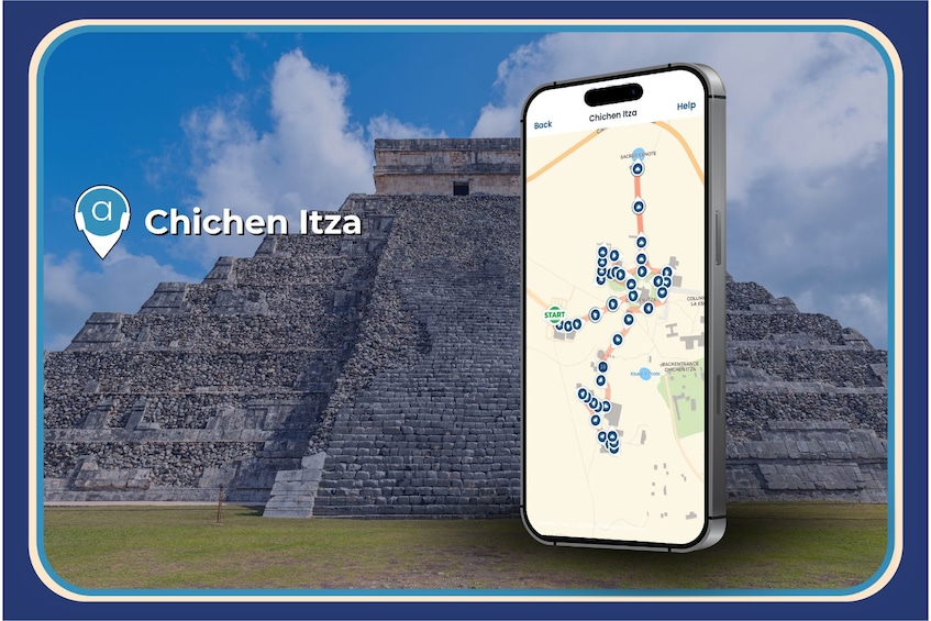 A smartphone displaying a map with a location marker at Chichen Itza, surrounded by ancient Mayan pyramid ruins. 4