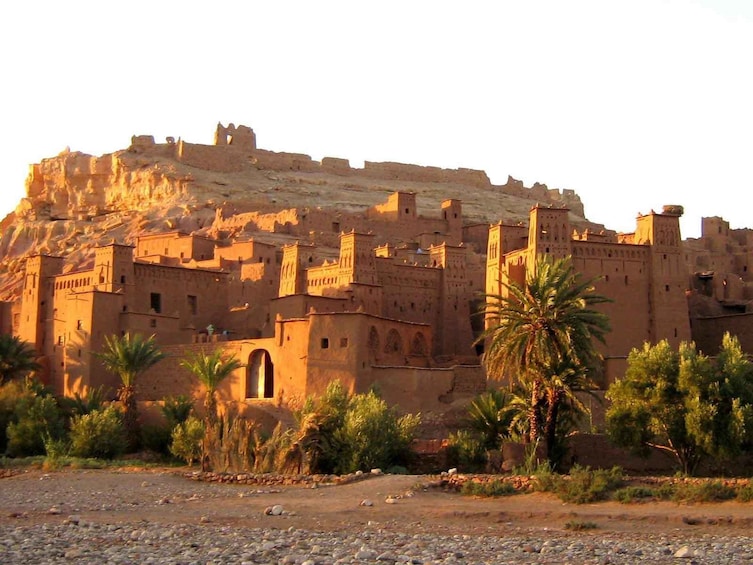 Una città fortificata con architettura antica, palme e un terreno roccioso. 5