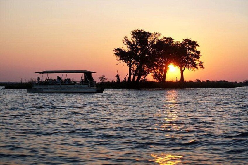 Un bote sobre aguas tranquilas durante el atardecer, con un gran árbol silueteado contra el cielo. 2