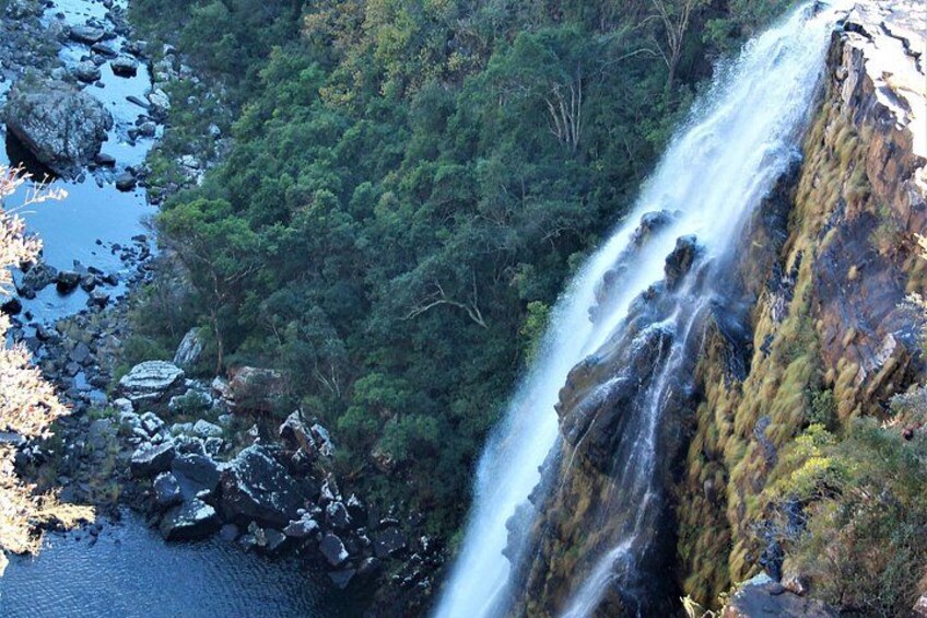 Een waterval die over een rotswand stort, omgeven door dicht bos. 5