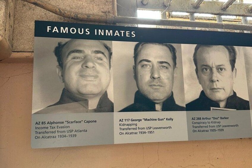 A poster titled 'Famous Inmates' with blurred faces and names of three individuals. 2