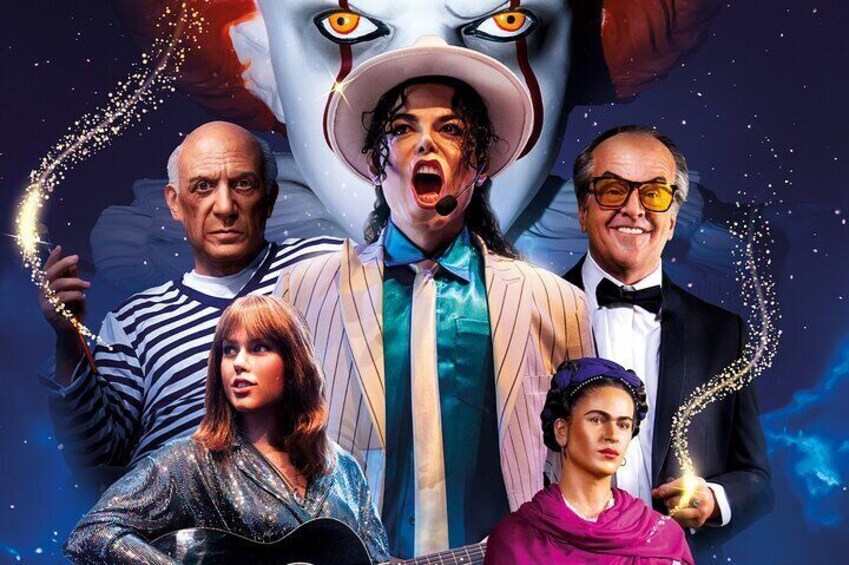 A group of people in formal attire with a large, cartoonish face in the background. 1