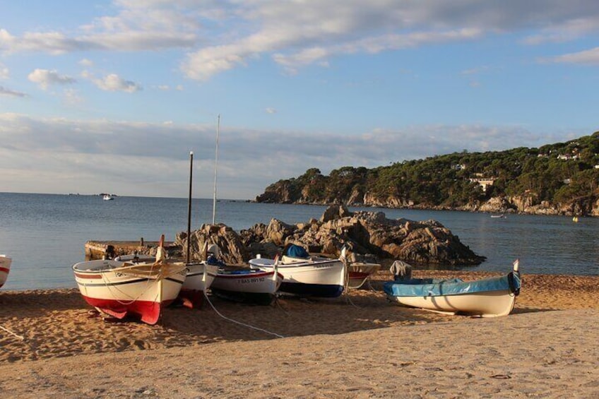 A sandy beach with several small boats tied to a wooden dock. 5